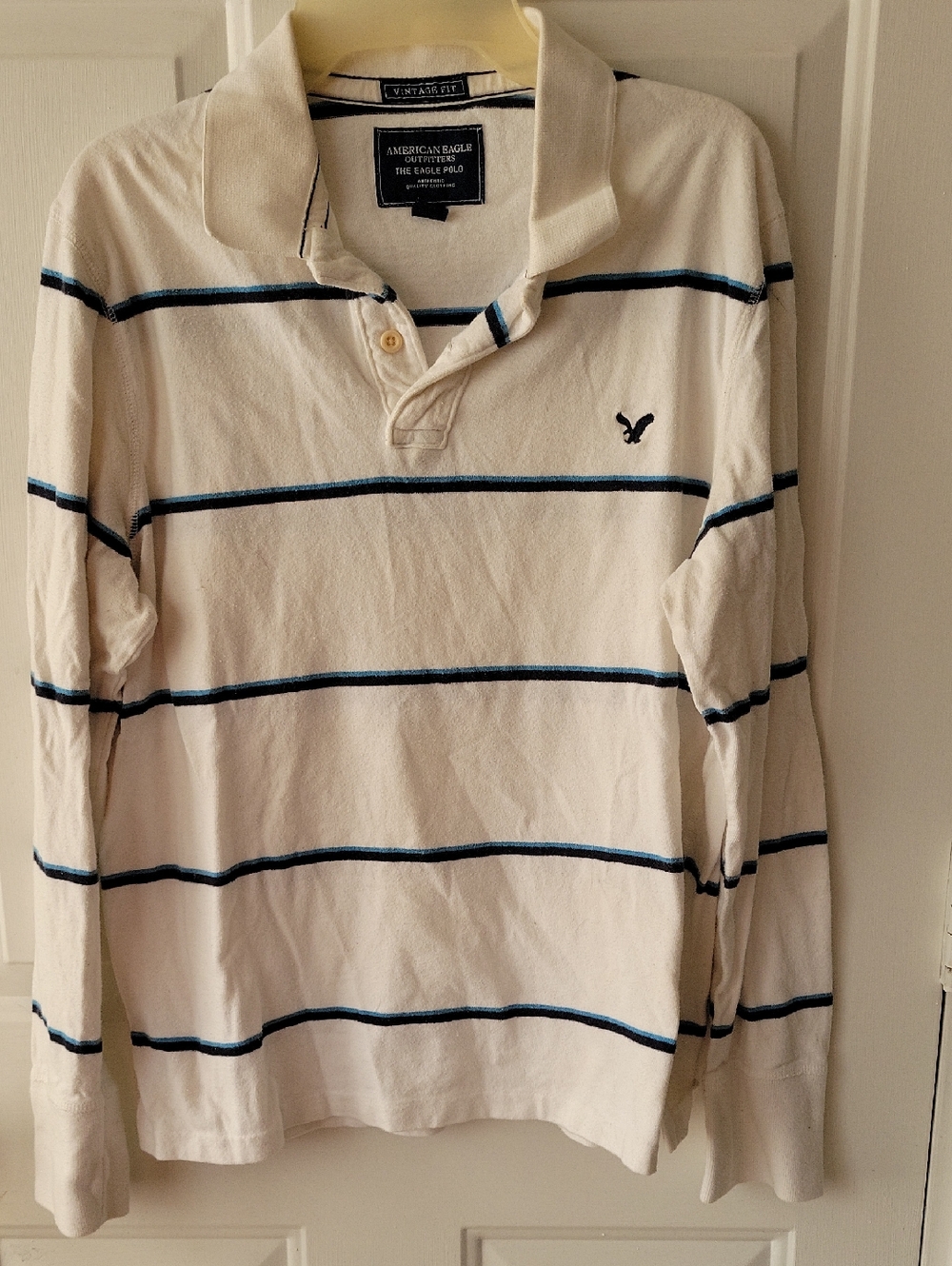 American Eagle Outfitters Cream and Navy Striped Long-Sleeve Polo